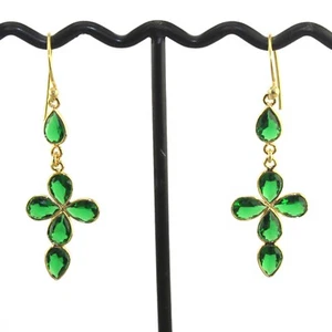 Hook Cross Hydro Quartz Chalcedony Drop Dangle Yellow Gold Plated Hook Earring - Picture 1 of 15