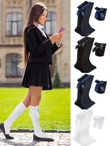 6 PAIRS GIRLS FASHION COTTON KNEE HIGH CHILDREN KIDS SCHOOL SOCKS WITH BOW SIZE - Picture 1 of 1