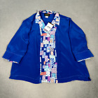 Bob Mackie Wearable Art 100% Silk Top Women 2X Blue Floral Contrast Cuffs Trim