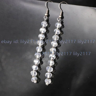 Faceted 4x6mm White Crystal Glass Rondelle Long Dangle Drop Silver Hook Earrings - Image 1 of 4