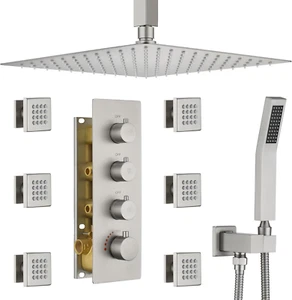 Brushed Nickel Thermostatic Shower System with Full Body Jets & 16-Inch Ceiling - Picture 1 of 8