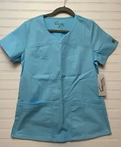 BUTTER SOFT Women's Small Stretch Scrub Top Light Teal Blue 4 Pocket NWT - Picture 1 of 6