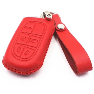 For Dodge Charger Jeep Chrysler 300 Red Leather 5 Buttons Key Fob Case Cover - Picture 1 of 5