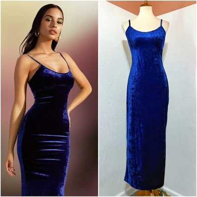 Maxi Vestido Romántico De Colección Años 90 Steppin Out Azul Terciopelo Vestido Abertura Baile de graduación Cachicho M Foto 1 de 4