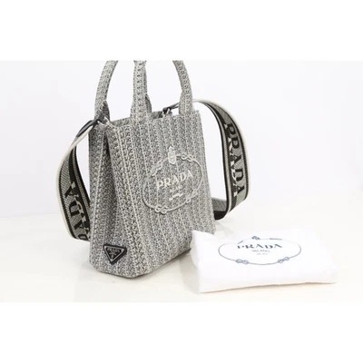 Bolso de Hombro Prada Ricamo Jacquard Logo Bordado Cuero Talco Negro Foto 1 de 4