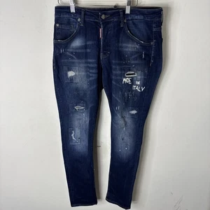Dsquared2 Slim Stretch Jeans Men’s 32x31 Blue Distressed Paint Splatter Italy  - Picture 1 of 11