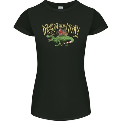 T-Shirt Femme Petite Découpe Santa T-Rex Boire Manger Joyeux Noël Drôle - Photo 1/4