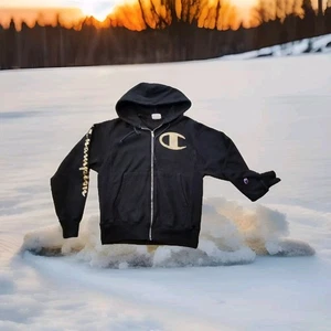 ✅VTG Champion Reverse Weave Full Zip Hoodie Big C Logo Size S Black Sweatshirt - Picture 1 of 14