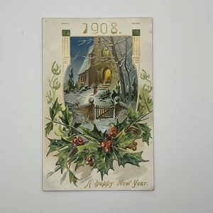 Alte Postkarte geprägt Ein frohes neues Jahr 1908 Kirche Stechpalme - Bild 1 von 3
