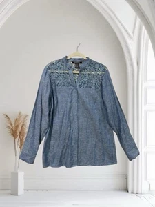 Ashley Stewart Damen Chambray Leinenmischung Spitzenbesatz Top Größe 12W - Bild 1 von 16