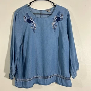 Bass Women's Blue Floral Embroidered Peasant Top Size L Petites - Picture 1 of 11