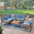 Giselle Outdoor Teak Wood Finish 7 Seater Sectional Sofa & Loveseat Coffee Table