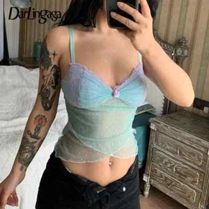 Top a rete Darlingaga Y2K arricciato pizzo orlo cinturino camicetta retrò moda sexy estate - Foto 1 di 7