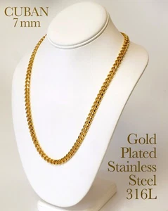 18K Gold Plated Beveled Cuban Link Stainless Steel 316L Chain Necklace 14"-48" - Picture 1 of 9