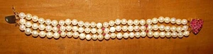 14 karat yellow gold rubies 3 strand pearl bracelet - Picture 1 of 12
