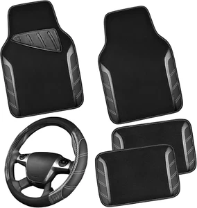 Leather Steering Wheel Cover and Waterproof Car Floor Mats,Microfiber Universal  - Picture 1 of 7