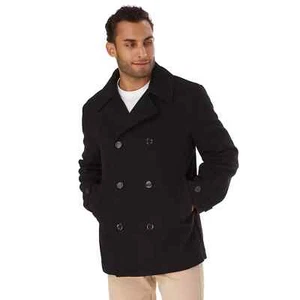 MENS SIZE LARGE Winter Peacoat 53% Wool Blend Double Breasted Coat Jacket BLACK - Picture 1 of 9