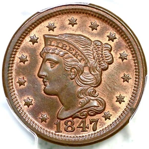 1847 N-24a R-1 PCGS MS 64 RB Braided Hair Large Cent Coin 1c - Picture 1 of 3