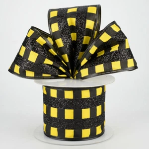 2.5" YELLOW & BLACK GLITTER STRIPES PLAID CHECK WIRED RIBBON, BUMBLEBEE- 5 YARDS - Picture 1 of 2