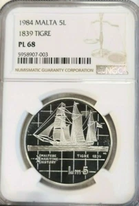 1984 MALTA SILVER 5 LIRI MARITIME HISTORY 1839 TIGRE NGC PL 68 HIGH GRADE SCARCE - Picture 1 of 4