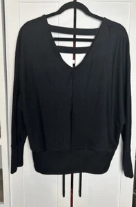 Just Be Damenbluse schwarz doppelter V-Ausschnitt Langarm lässig gerippt 2X - Bild 1 von 11