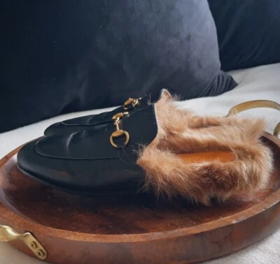 Gucci 37 Princetown Piel Negro Cuero Mulas Horsebit Zapatillas GG Mujer Foto 1 de 4