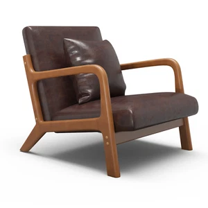 Mid Century Modern Accent Chair Wood Frame Fabric/Leather Armchair Lumbar Pillow - Picture 1 of 40