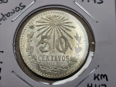 🇲🇽 Moneda México 50 centavos UNC 1943 Plata 0.720 KM-447 042624-1 Foto 1 de 2