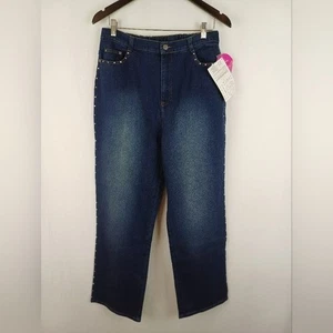 Quacker Factory Rhinestone Side Seam Distressed Look Jeans Blue Large A2729 - Picture 1 of 6