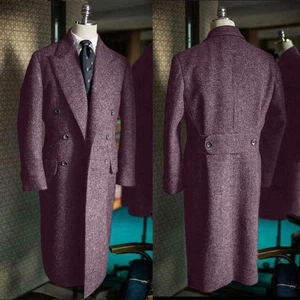 Tweed Herringbone Long Men Overcoats Wool Blend Double Breasted Coat Outwear - Picture 1 of 51