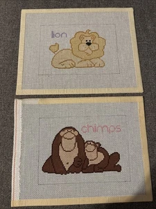 Animal Canvas Lot Of 2 for Child handpainted 13 Mesh Needlepoint Monkey Lion - Picture 1 of 7