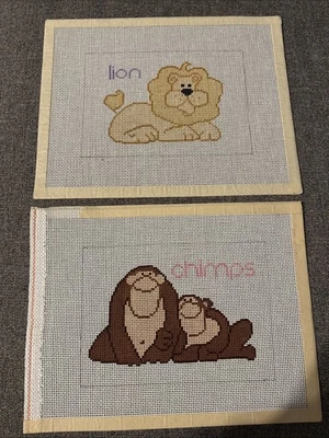 Animal Canvas Lot Of 2 for Child handpainted 13 Mesh Needlepoint Monkey Lion - Image 1 of 4