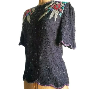Vintage 90s NOS w/ TAGS! Vermicilli Beaded Jewel Tone Kazar Sequin Silk Top S - Picture 1 of 12