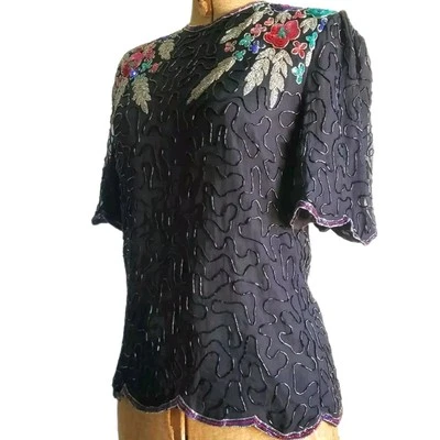 Vintage 90s NOS w/ Tags Vermicilli Beaded Jewel Tone Kazar Sequin Silk Top S - Image 1 of 4