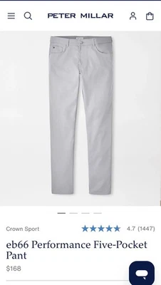 Peter Millar Pants Men's Size 36X34 Gray EB66 Performance Five-Pocket Gale Golf - Image 1 of 4