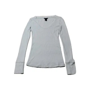 Moda International Small 90s Shirt Top Long Sleeves Ribbed Fitted Soft Teal Cute - Picture 1 of 10