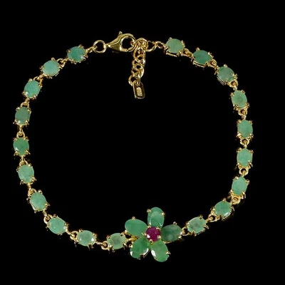 925 Sterling Silver Bracelet Oval Emerald 6x4mm Ruby Gemstone Flower Jewelry 7.5 - Image 1 of 4