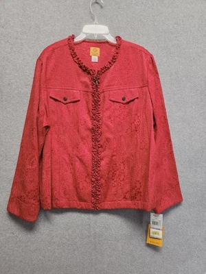 Ruby Rd Woman 22W Red Textured Ruffle Trim Jacket Shimmer & Shine Carmine NWT - Image 1 of 4