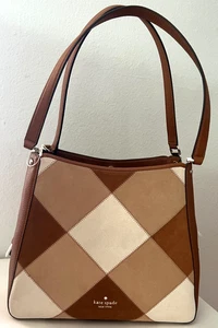 Kate Spade-Leila-Triple Compartment Shoulder Bag-Patchwork Suede-Brown-NWT $479 - Picture 1 of 9
