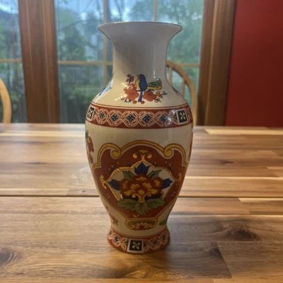 Jarrón ramo de flores de porcelana china pintado a mano pájaros rojo azul dorado Foto 1 de 4