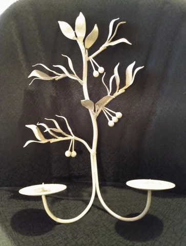 16" PALE GRAY METAL SCONCE, LEAVES & BERRIES, FOR TWO CANDLES. 1950s FRANCE Cover
