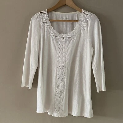 Soft Surroundings Mujer Blanco Algodón Slub Ojales Encaje Mangas 3/4 Talla PEQUEÑA Foto 1 de 4