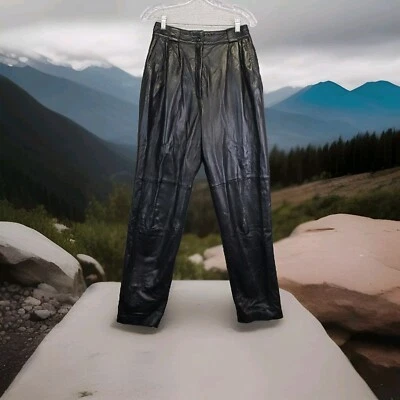 Pantalones de cuero Andrew Marc NY para mujer talla 10 negros tiro alto plisados rectos 26x29 Foto 1 de 4