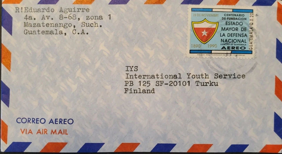 A) 1990, GUATEMALA, ARMY, FROM MAZATENANGO TO FINLAND, AIRMAIL, CENTENARY OF STA - Image 1 of 1