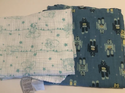 Lot of 2 Aden & Anais Cotton Swaddle Wrap Blankets Boys Robots Disney Dumbo VGUC - Image 1 of 4