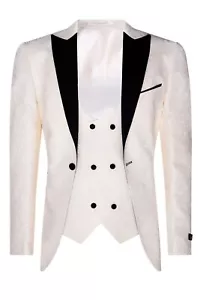Chaleco Blazer Beige Esmoquin Brocado Marfil Satén Cachemira Chaqueta de Cena - Imagen 1 de 6
