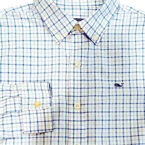 Vineyard Vines Plaid Whale Shirt 100% Cotton Boy's 12/14 Medium Blue White - Picture 1 of 6