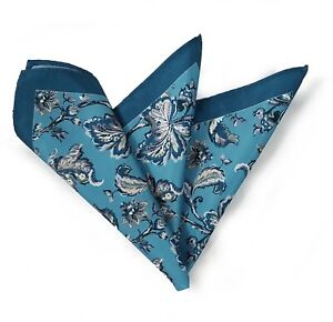 NEW - Silk Blend Pocket Square - Jade Blue Floral Design 11.5in x 11.5in
