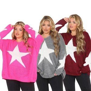 Ladies Long Sleeve Star Print Sweater Women Knitted Tunic Winter Warm Jumper - Picture 1 of 32