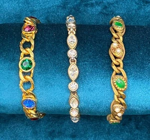 Vintage BRACELET LOT 3 Pieces Unmarked and Goldette Rhinestone Faux Stones - Picture 1 of 8